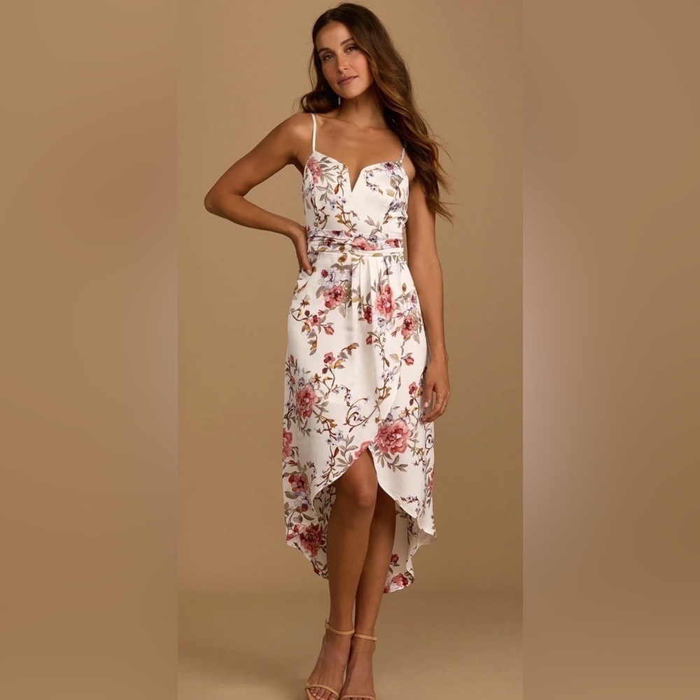 Lulu's White and Pink Floral Midi Dress